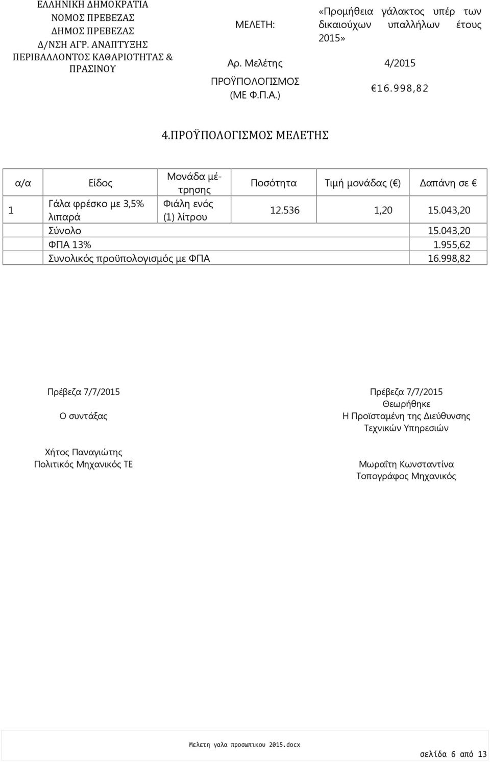 536 1,20 15.043,20 Σύνολο 15.043,20 ΦΠΑ 13% 1.955,62 Συνολικός προϋπολογισμός με ΦΠΑ 16.