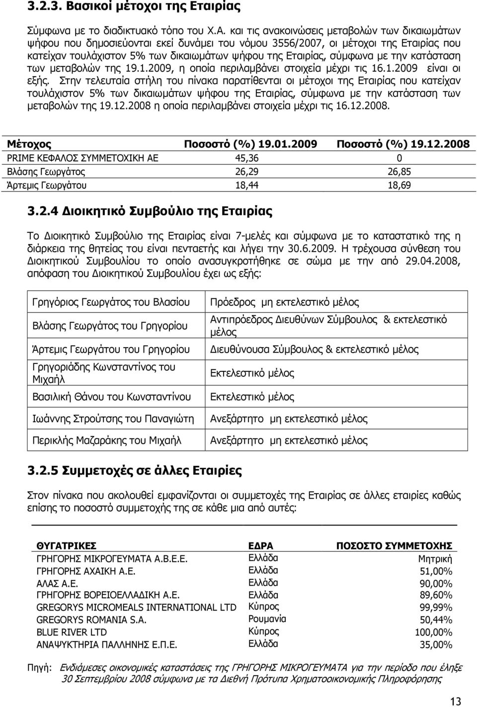 σύµφωνα µε την κατάσταση των µεταβολών της 19.1.2009, η οποία περιλαµβάνει στοιχεία µέχρι τις 16.1.2009 είναι οι εξής.