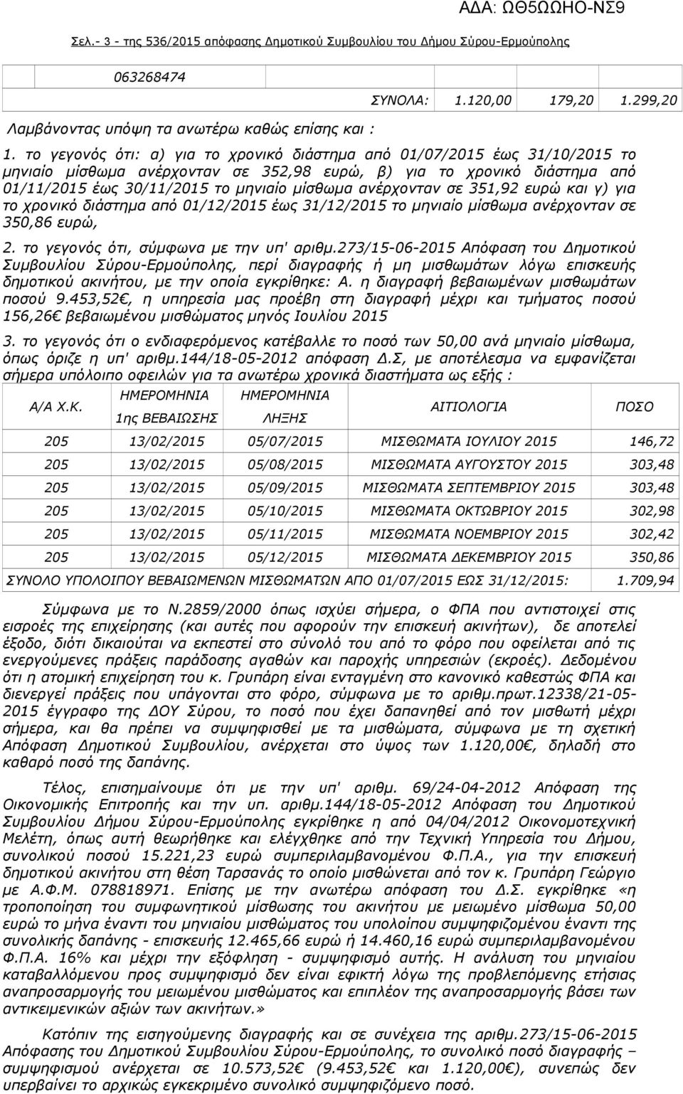 ανέρχονταν σε 351,92 ευρώ και γ) για το χρονικό διάστημα από 01/12/2015 έως 31/12/2015 το μηνιαίο μίσθωμα ανέρχονταν σε 350,86 ευρώ, 2. το γεγονός ότι, σύμφωνα με την υπ' αριθμ.