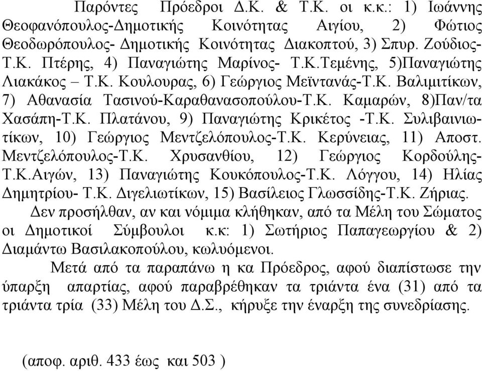 Κ. Κερύνειας, 11) Αποστ. Μεντζελόπουλος-Τ.Κ. Χρυσανθίου, 12) Γεώργιος Κορδούλης- Τ.Κ.Αιγών, 13) Παναγιώτης Κουκόπουλος-Τ.Κ. Λόγγου, 14) Ηλίας Δημητρίου- Τ.Κ. Διγελιωτίκων, 15) Βασίλειος Γλωσσίδης-Τ.Κ. Ζήριας.