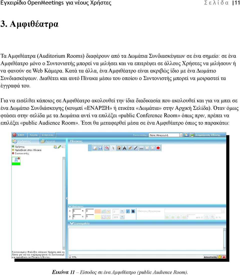 ή να φανούν σε Web Κάμερα. Κατά τα άλλα, ένα Αμφιθέατρο είναι ακριβώς ίδιο με ένα Δωμάτιο Συνδιασκέψεων. Διαθέτει και αυτό Πίνακα μέσω του οποίου ο Συντονιστής μπορεί να μοιραστεί τα έγγραφά του.