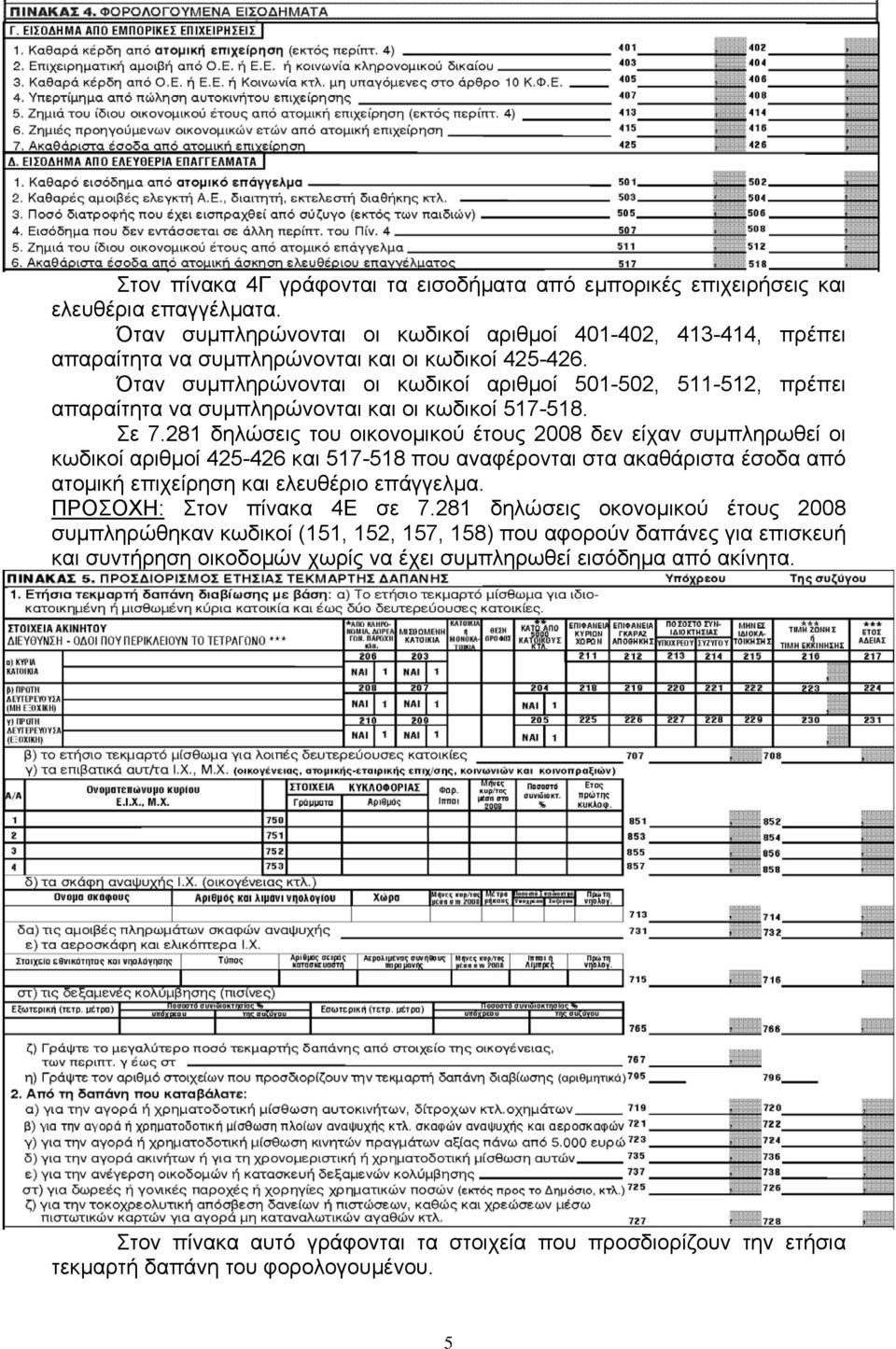 Όταν συμπληρώνονται οι κωδικοί αριθμοί 501-502, 511-512, πρέπει απαραίτητα να συμπληρώνονται και οι κωδικοί 517-518. Σε 7.