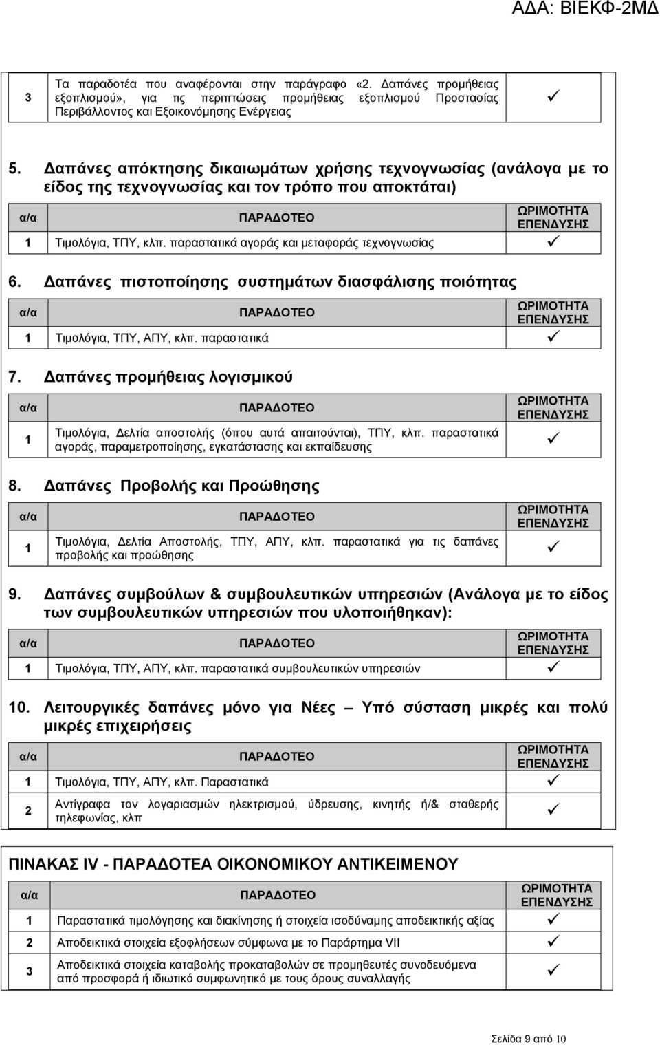 απάνες πιστοποίησης συστηµάτων διασφάλισης ποιότητας Τιµολόγια, ΤΠΥ, ΑΠΥ, κλπ. παραστατικά 7. απάνες προµήθειας λογισµικού Τιµολόγια, ελτία αποστολής (όπου αυτά απαιτούνται), ΤΠΥ, κλπ.