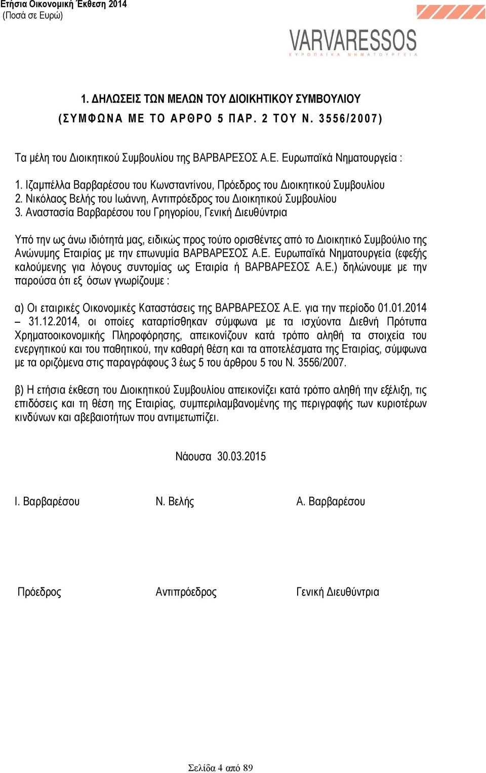 Νικόλαος Βελής του Ιωάννη, Αντιπρόεδρος του ιοικητικού Συµβουλίου 3.