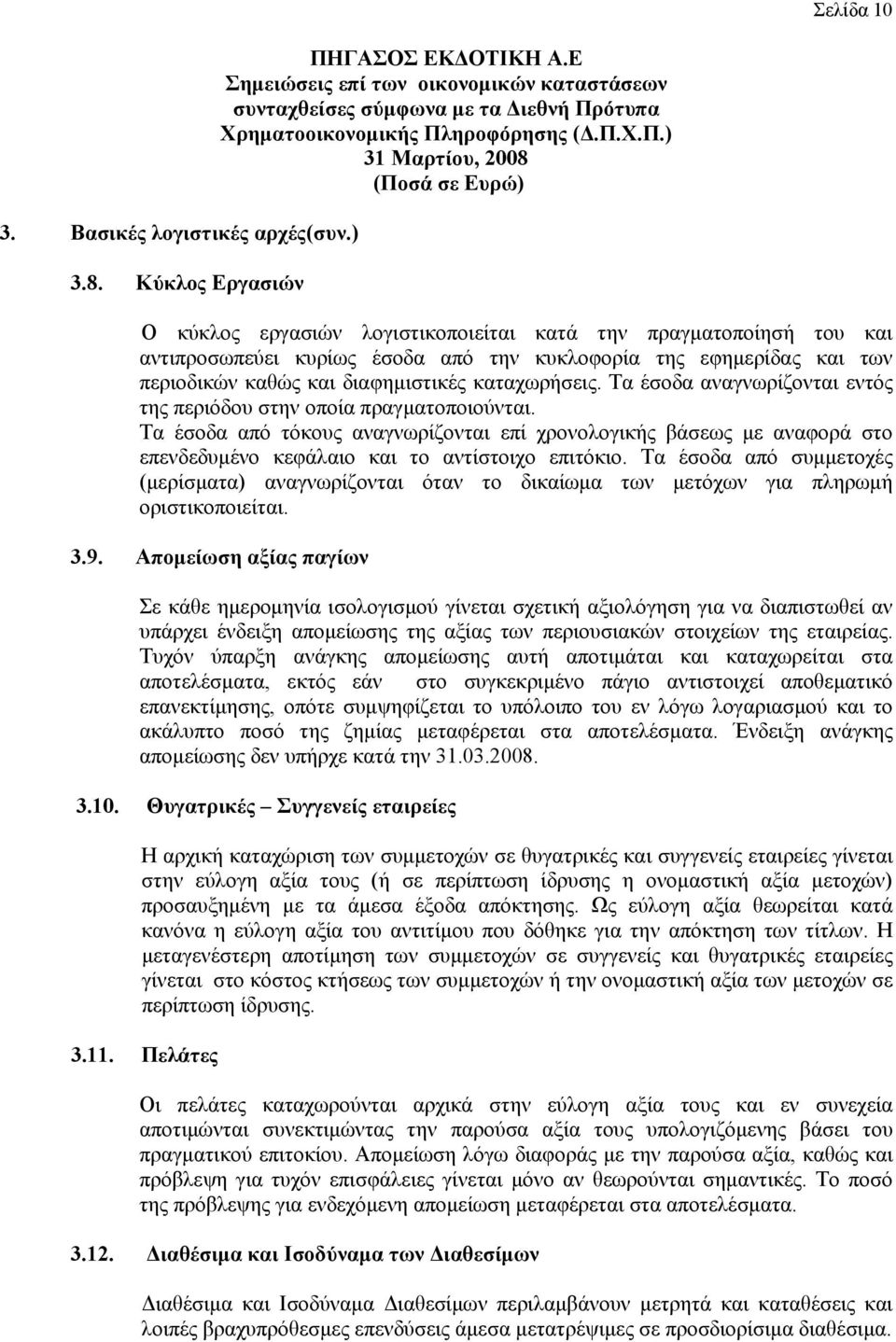 Τα έσοδα αναγνωρίζονται εντός της περιόδου στην οποία πραγματοποιούνται. Τα έσοδα από τόκους αναγνωρίζονται επί χρονολογικής βάσεως με αναφορά στο επενδεδυμένο κεφάλαιο και το αντίστοιχο επιτόκιο.