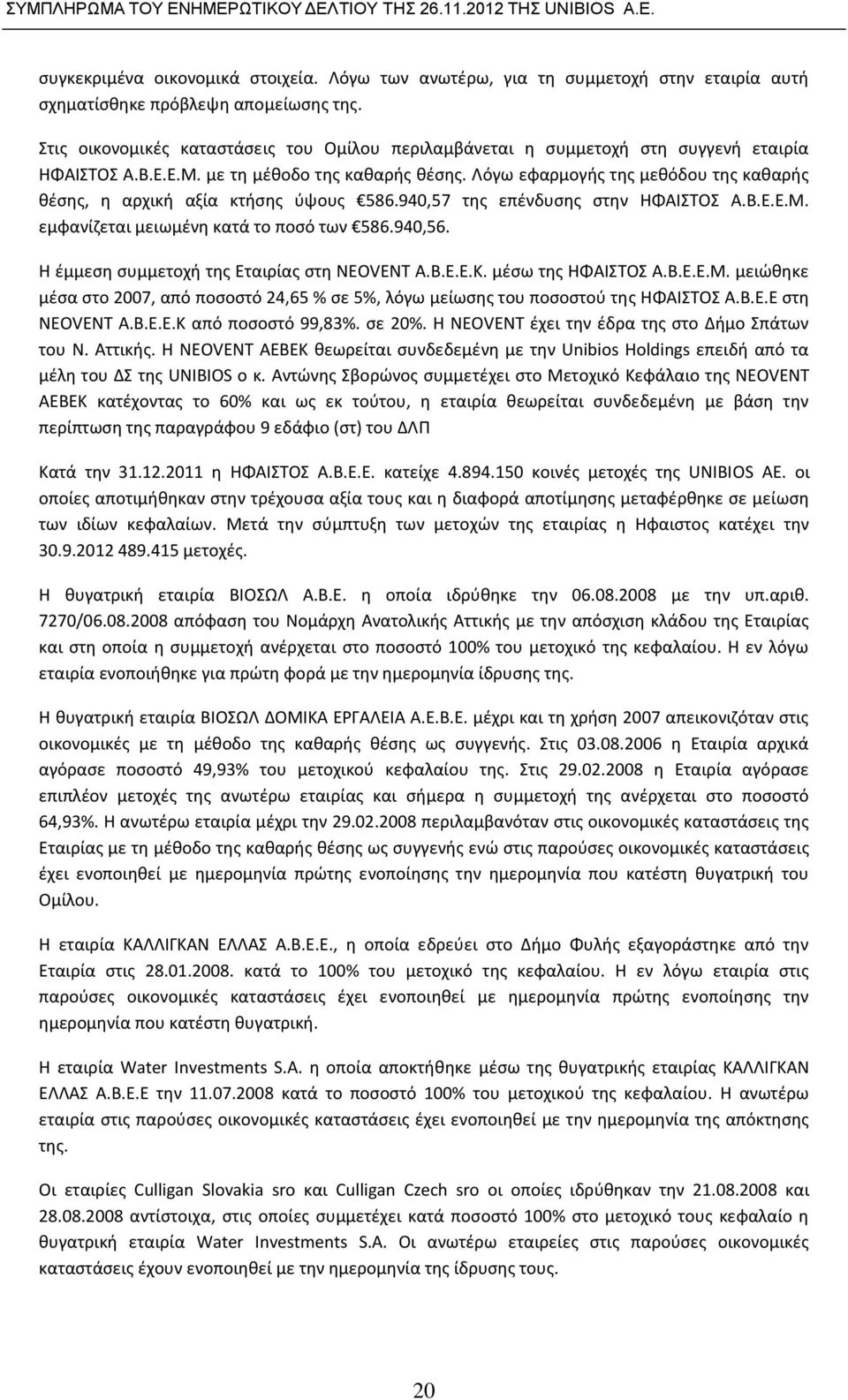 Λόγω εφαρμογής της μεθόδου της καθαρής θέσης, η αρχική αξία κτήσης ύψους 586.940,57 της επένδυσης στην ΗΦΑΙΣΤΟΣ Α.Β.Ε.Ε.Μ. εμφανίζεται μειωμένη κατά το ποσό των 586.940,56.