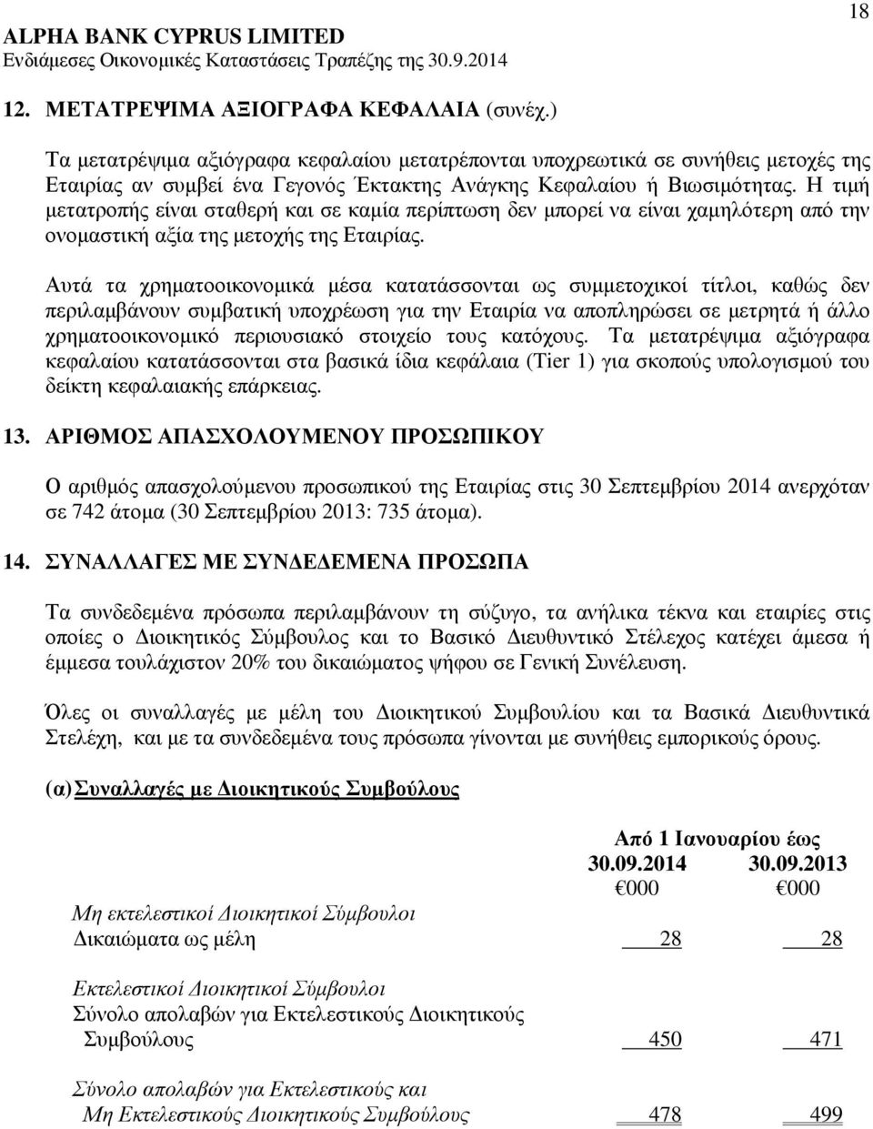 Η τιµή µετατροπής είναι σταθερή και σε καµία περίπτωση δεν µπορεί να είναι χαµηλότερη από την ονοµαστική αξία της µετοχής της Εταιρίας.