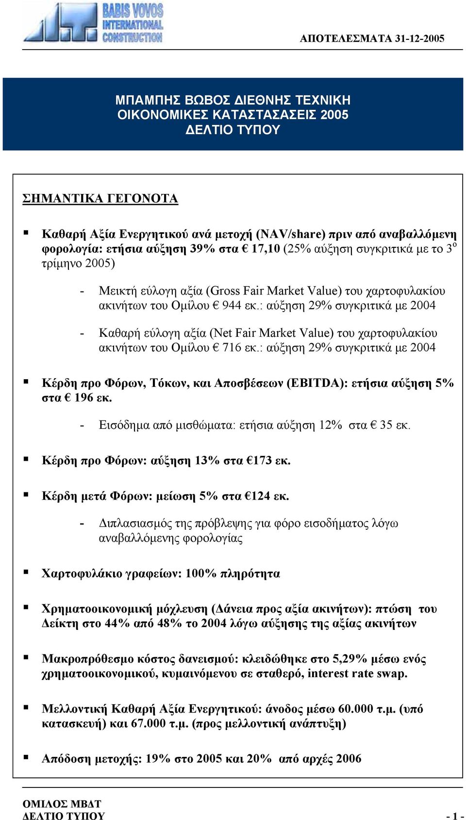 : αύξηση 29% συγκριτικά µε 2004 - Καθαρή εύλογη αξία (Net Fair Market Value) του χαρτοφυλακίου ακινήτων του Οµίλου 716 εκ.