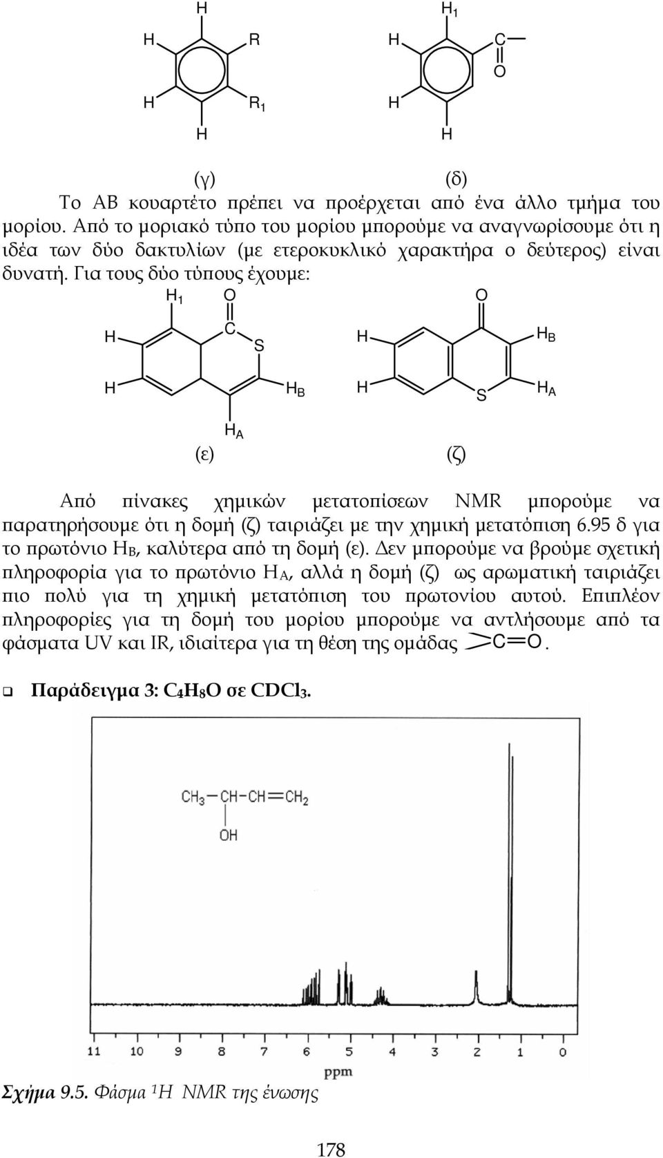 Για τους δύο τύπους έχουμε: O O H 1 H C S H H B H H B H S H A (ε) H A (ζ) Από πίνακες χημικών μετατοπίσεων NMR μπορούμε να παρατηρήσουμε ότι η δομή (ζ) ταιριάζει με την χημική μετατόπιση 6.