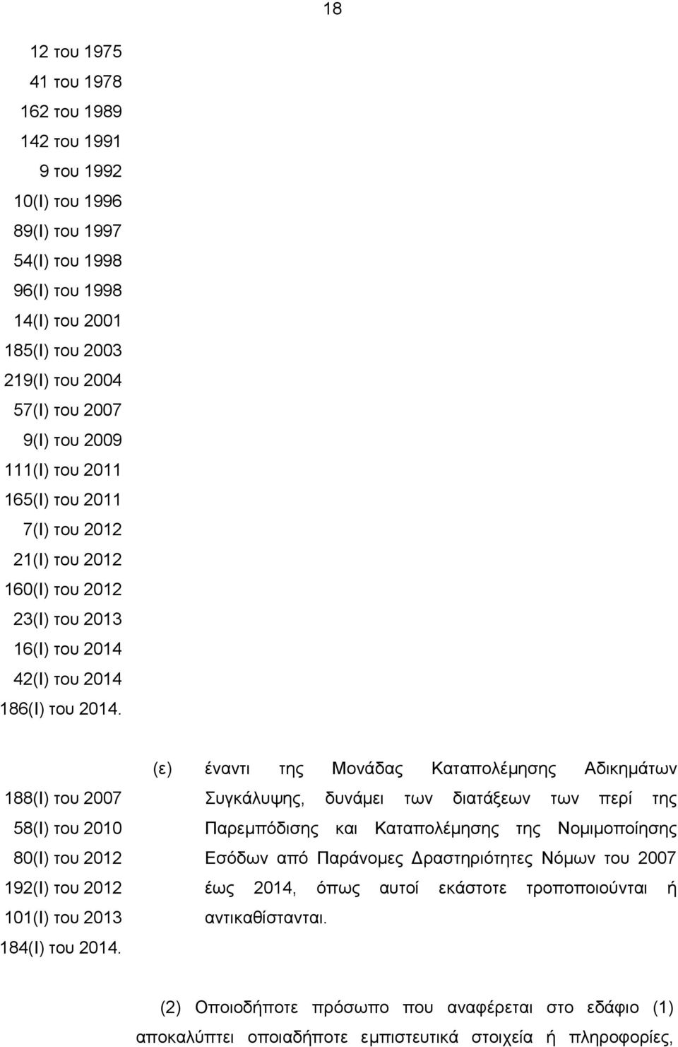 188(Ι) του 2007 58(Ι) του 2010 80(Ι) του 2012 192(Ι) του 2012 101(Ι) του 2013 184(Ι) του 2014.