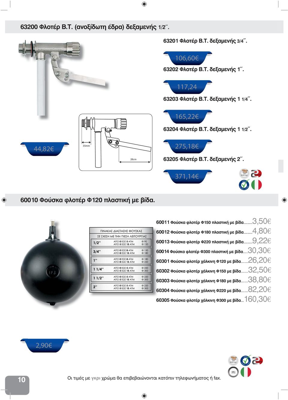 ..4,80 60013 Φούσκα φλοτέρ Φ220 πλαστική με βίδα...9,22 60014 Φούσκα φλοτέρ Φ300 πλαστική με βίδα...30,30 60301 Φούσκα φλοτέρ χάλκινη Φ120 με βίδα...26,20 60302 Φούσκα φλοτέρ χάλκινη Φ150 με βίδα.