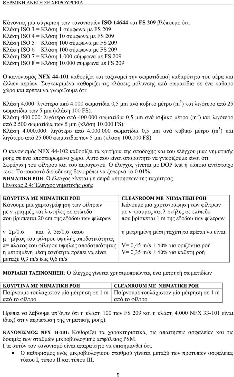 000 σύμφωνα με FS 209 Ο κανονισμός NFX 44-101 καθορίζει και ταξινομεί την σωματιδιακή καθαρότητα του αέρα και άλλων αερίων.