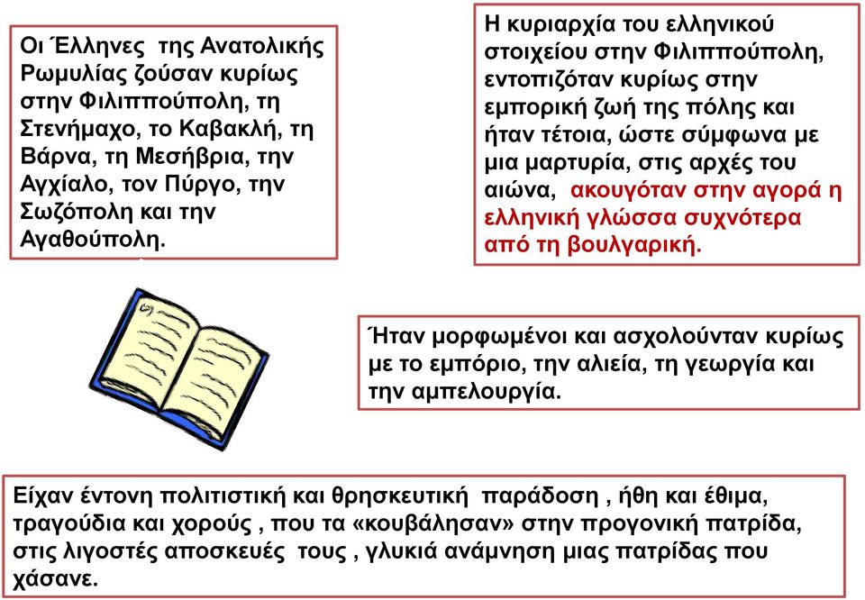 ακουγόταν στην αγορά η ελληνική γλώσσα συχνότερα από τη βουλγαρική. Ήταν μορφωμένοι και ασχολούνταν κυρίως με το εμπόριο, την αλιεία, τη γεωργία και την αμπελουργία.
