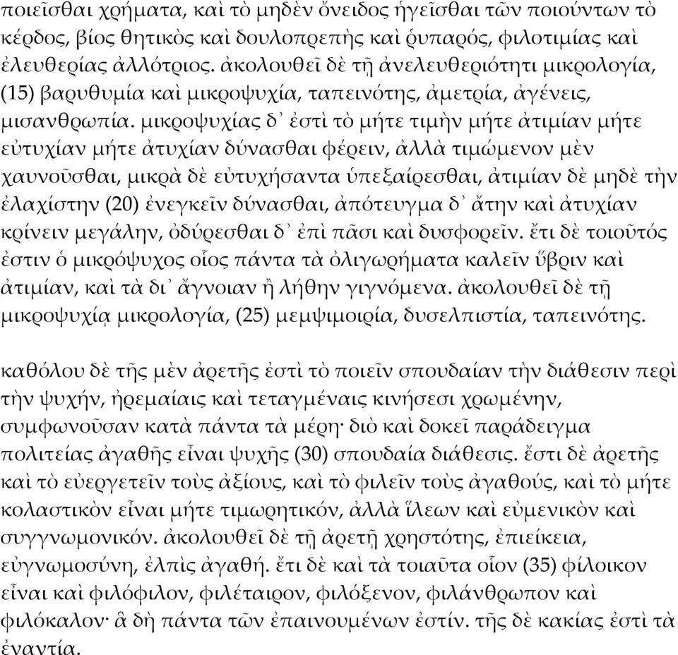 μικροψυχίας δ ἐστὶ τὸ μήτε τιμὴν μήτε ἀτιμίαν μήτε εὐτυχίαν μήτε ἀτυχίαν δύνασθαι φέρειν, ἀλλὰ τιμώμενον μὲν χαυνοῦσθαι, μικρὰ δὲ εὐτυχήσαντα ὑπεξαίρεσθαι, ἀτιμίαν δὲ μηδὲ τὴν ἐλαχίστην (20) ἐνεγκεῖν