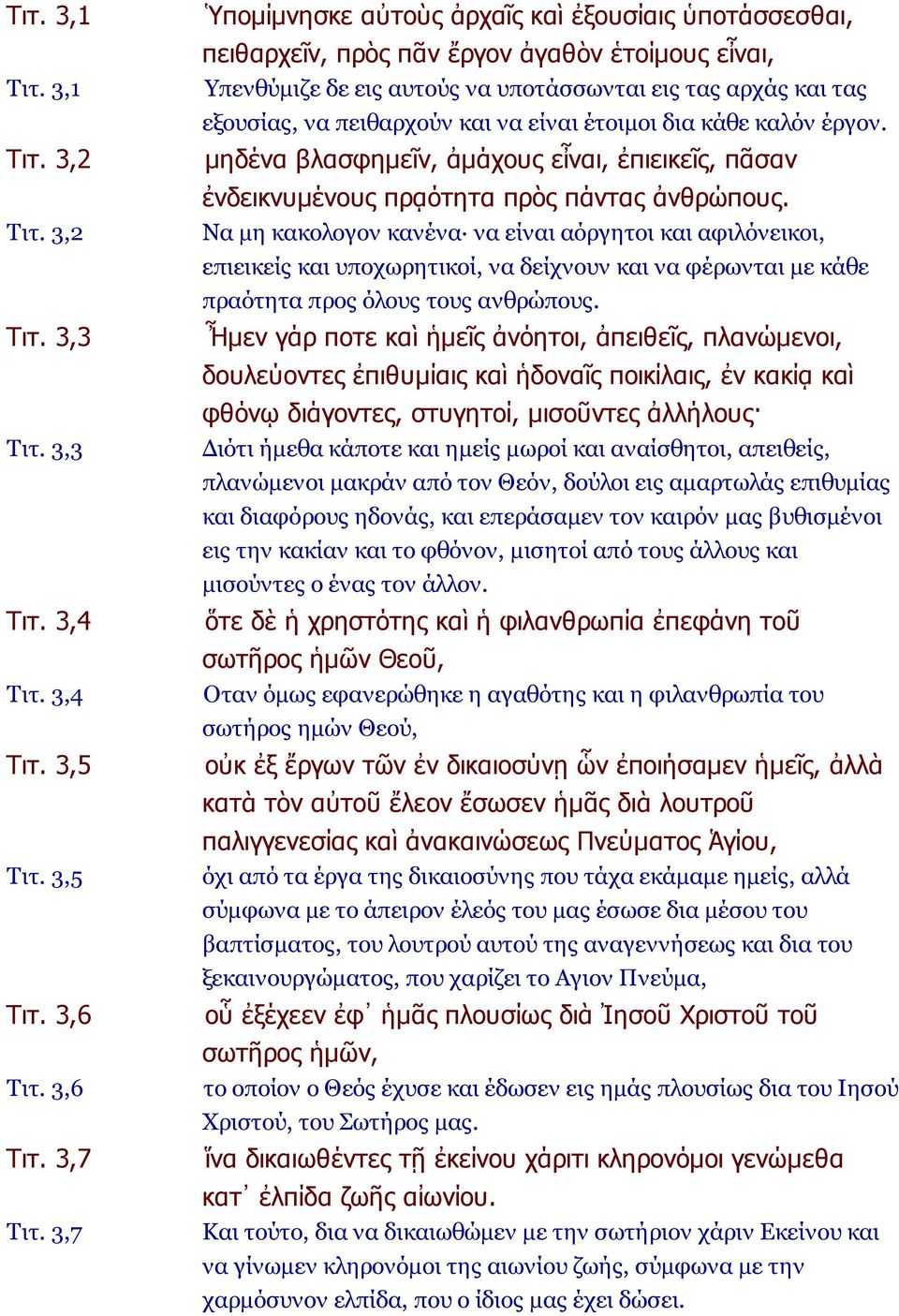 να είναι έτοιμοι δια κάθε καλόν έργον. μηδένα βλασφημεῖν, ἀμάχους εἶναι, ἐπιεικεῖς, πᾶσαν ἐνδεικνυμένους πρᾳότητα πρὸς πάντας ἀνθρώπους.