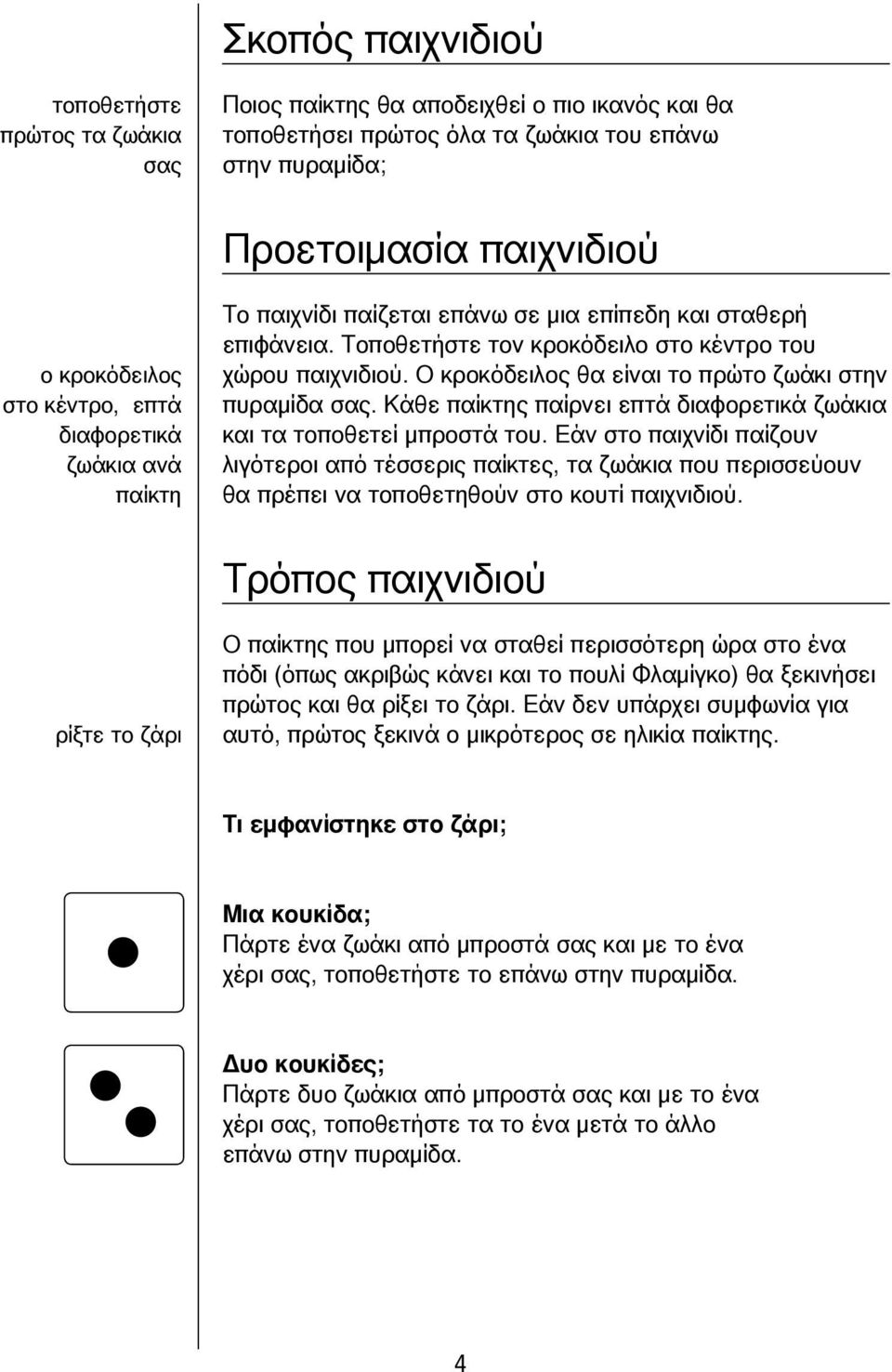 Ο κροκόδειλο θα είναι το πρώτο ζωάκι στην πυραμίδα σα. Κάθε παίκτη παίρνει επτά διαφορετικά ζωάκια και τα τοποθετεί μπροστά του.