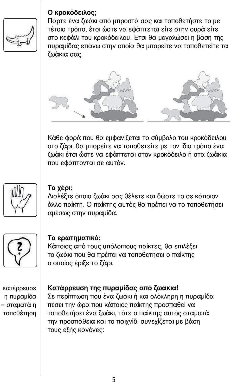 Κάθε φορά που θα εμφανίζεται το σύμβολο του κροκόδειλου στο ζάρι, θα μπορείτε να τοποθετείτε με τον ίδιο τρόπο ένα ζωάκι έτσι ώστε να εφάπτεται στον κροκόδειλο ή στα ζωάκια που εφάπτονται σε αυτόν.