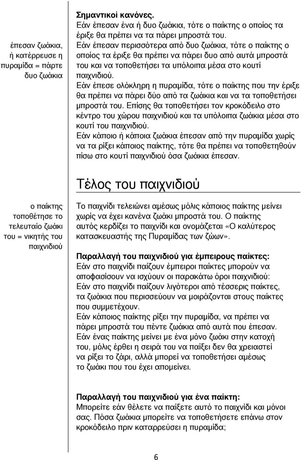 Εάν έπεσε ολόκληρη η πυραμίδα, τότε ο παίκτη που την έριξε θα πρέπει να πάρει δύο από τα ζωάκια και να τα τοποθετήσει μπροστά του.