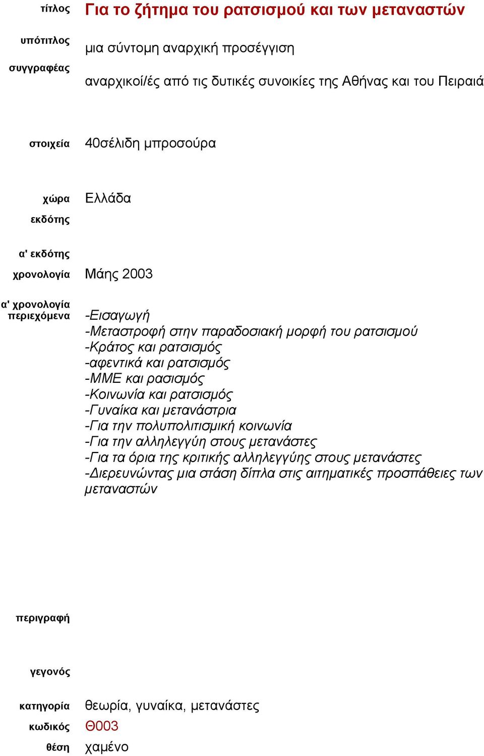 και ρασισμός -Κοινωνία και ρατσισμός -Γυναίκα και μετανάστρια -Για την πολυπολιτισμική κοινωνία -Για την αλληλεγγύη στους μετανάστες -Για τα όρια