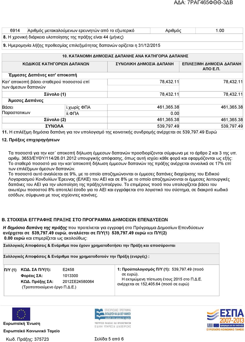 χωρίς ΦΠΑ ii.φπα Σύνολο (2) 0.00 ΣΥΝΟΛΑ 539,797.49 539,797.49 11. Η επιλέξιμη δημόσια δαπάνη για τον υπολογισμό της κοινοτικής συνδρομής ανέρχεται σε 539,797.49 Ευρώ 12.