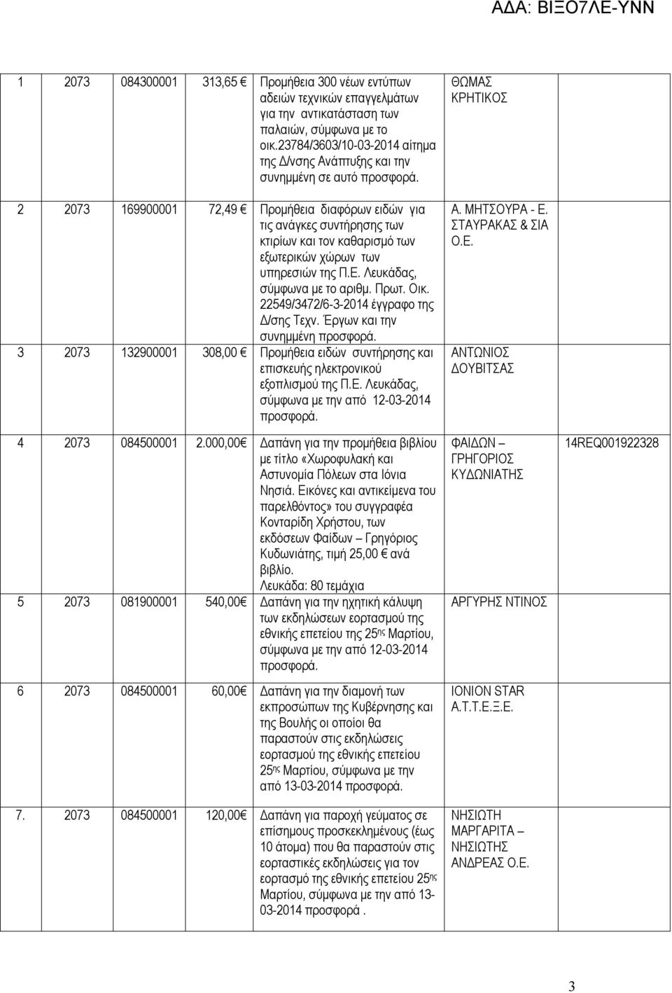 χώρων των υπηρεσιών της Π.Ε. Λευκάδας, σύμφωνα με το αριθμ. Πρωτ. Οικ. 22549/3472/6-3-2014 έγγραφο της Δ/σης Τεχν.