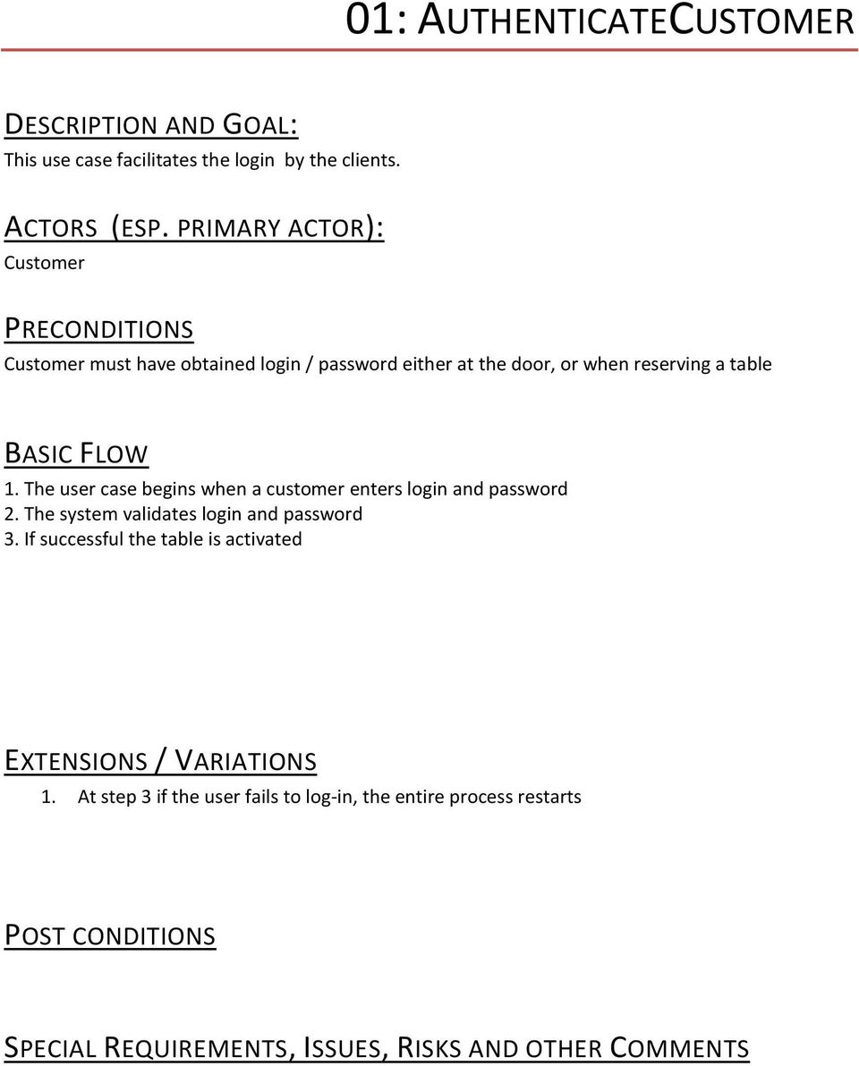 table 1. The user case begins when a customer enters login and password 2.