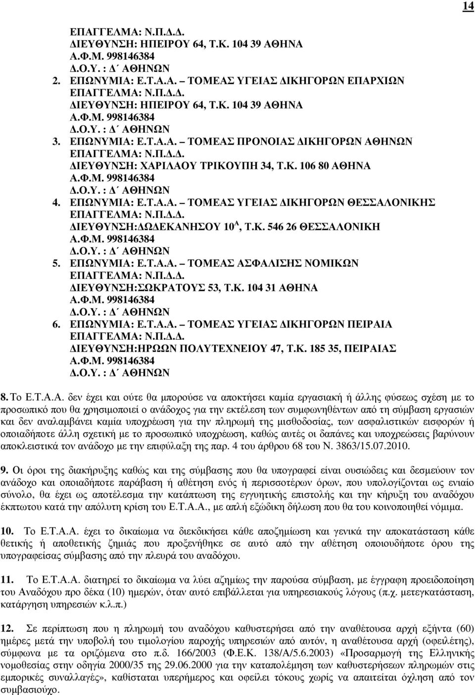 Π... ΙΕΥΘΥΝΣΗ: Ω ΕΚΑΝΗΣΟΥ 10 Α, Τ.Κ. 546 26 ΘΕΣΣΑΛΟΝΙΚΗ Α.Φ.Μ. 998146384.Ο.Υ. : ΑΘΗΝΩΝ 5. ΕΠΩΝΥΜΙΑ: Ε.Τ.Α.Α. ΤΟΜΕΑΣ ΑΣΦΑΛΙΣΗΣ ΝΟΜΙΚΩΝ ΕΠΑΓΓΕΛΜΑ: Ν.Π... ΙΕΥΘΥΝΣΗ:ΣΩΚΡΑΤΟΥΣ 53, Τ.Κ. 104 31 ΑΘΗΝΑ Α.Φ.Μ. 998146384.Ο.Υ. : ΑΘΗΝΩΝ 6.