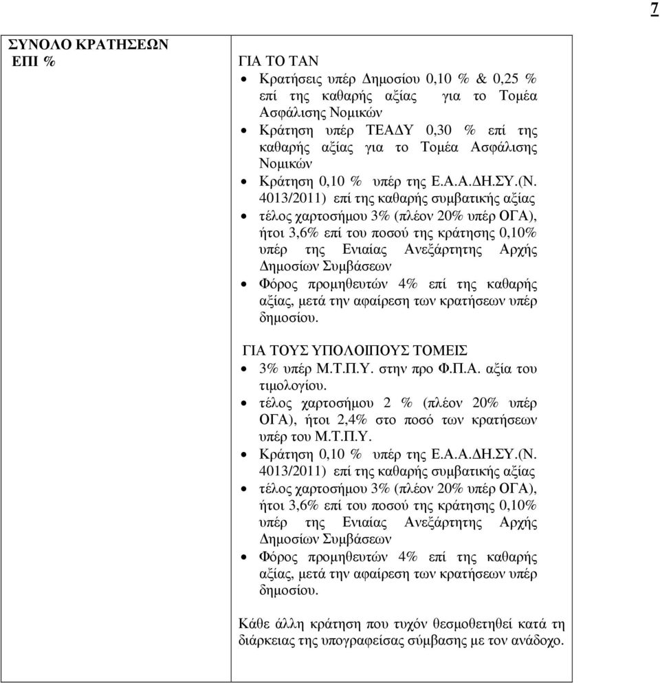 4013/2011) επί της καθαρής συµβατικής αξίας τέλος χαρτοσήµου 3% (πλέον 20% υπέρ ΟΓΑ), ήτοι 3,6% επί του ποσού της κράτησης 0,10% υπέρ της Ενιαίας Ανεξάρτητης Αρχής ηµοσίων Συµβάσεων Φόρος προµηθευτών