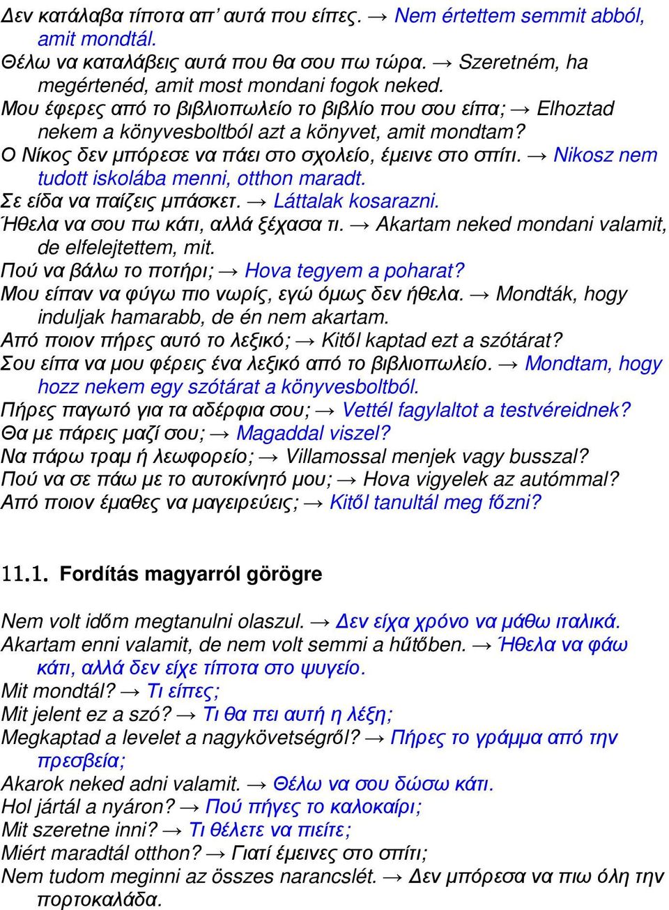 Nikosz nem tudott iskolába menni, otthon maradt. Σε είδα να παίζεις µπάσκετ. Láttalak kosarazni. Ήθελα να σου πω κάτι, αλλά ξέχασα τι. Akartam neked mondani valamit, de elfelejtettem, mit.