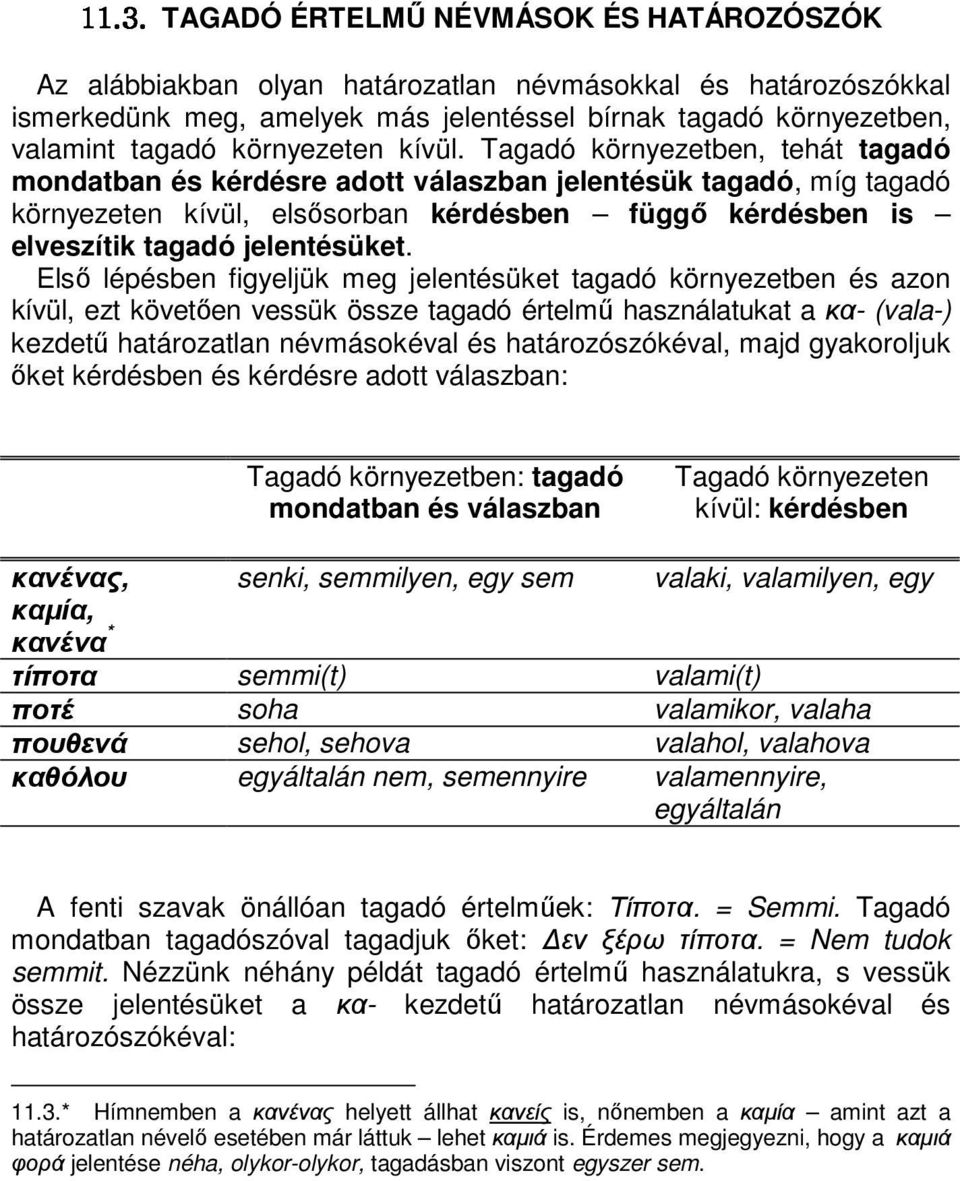 Tagadó környezetben, tehát tagadó mondatban és kérdésre adott válaszban jelentésük tagadó, míg tagadó környezeten kívül, elsősorban kérdésben függő kérdésben is elveszítik tagadó jelentésüket.