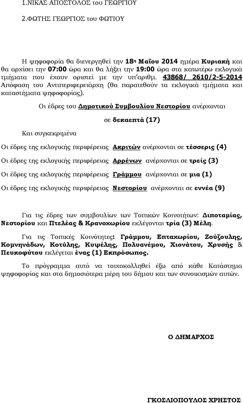υπ αριθμ. 43868/ 2610/2-5-2014 Απόφαση του Αντιπεριφερειάρχη (θα παρατεθούν τα εκλογικά τμήματα και καταστήματα ψηφοφορίας).