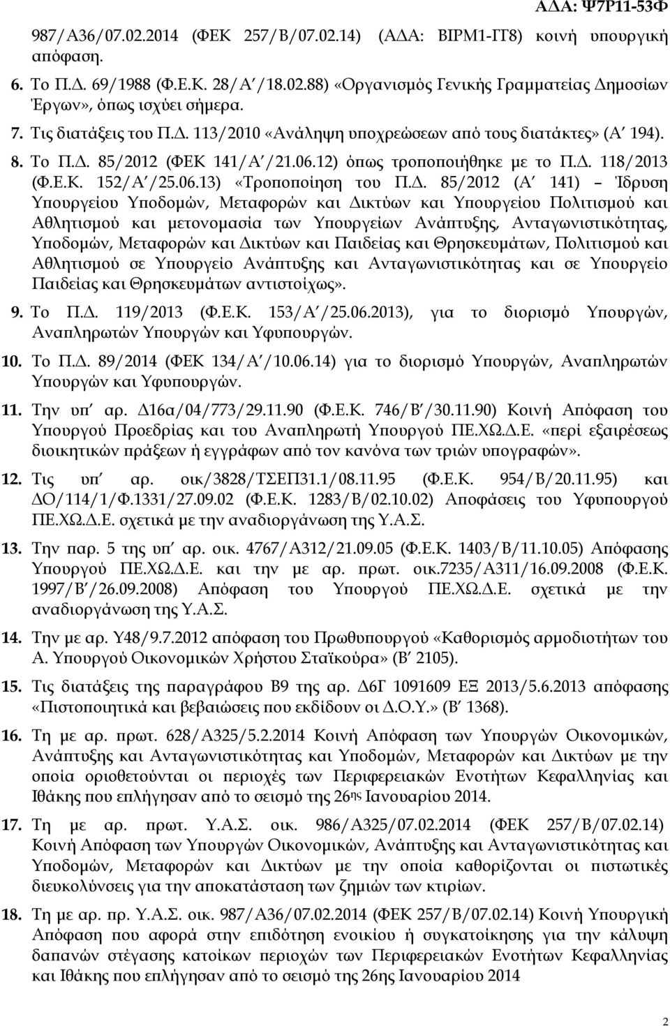 Δ. 85/2012 (Α 141) Ίδρυση Υπουργείου Υποδομών, Μεταφορών και Δικτύων και Υπουργείου Πολιτισμού και Αθλητισμού και μετονομασία των Υπουργείων Ανάπτυξης, Ανταγωνιστικότητας, Υποδομών, Μεταφορών και