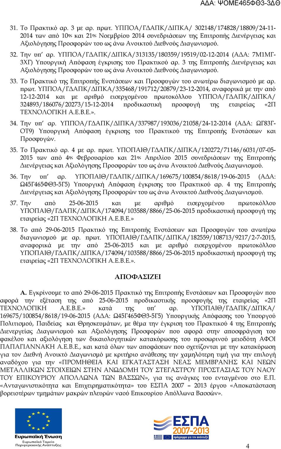 Την υπ αρ. ΥΠΠΟΑ/ΓΔΑΠΚ/ΔΙΠΚΑ/313135/180359/19519/02-12-2014 (ΑΔΑ: 7Μ1ΜΓ- 3ΧΓ) Υπουργική Απόφαση έγκρισης του Πρακτικού αρ.