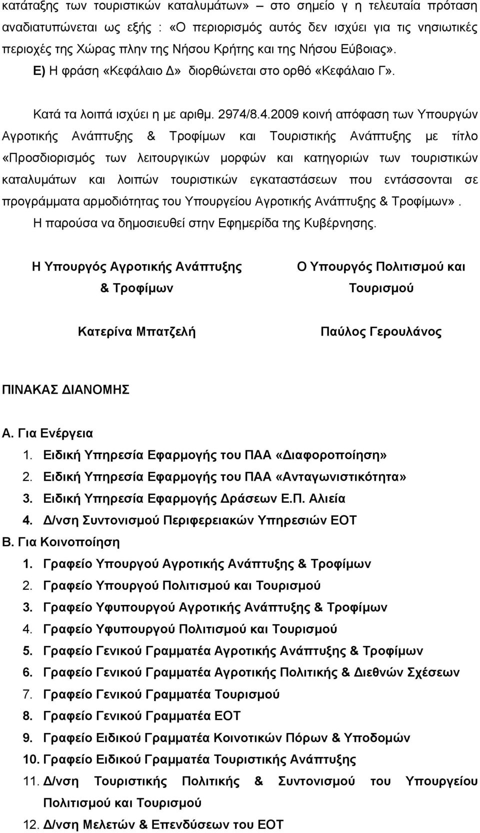 8.4.2009 κοινή απόφαση των Υπουργών Αγροτικής Ανάπτυξης & Τροφίμων και Τουριστικής Ανάπτυξης με τίτλο «Προσδιορισμός των λειτουργικών μορφών και κατηγοριών των τουριστικών προγράμματα αρμοδιότητας