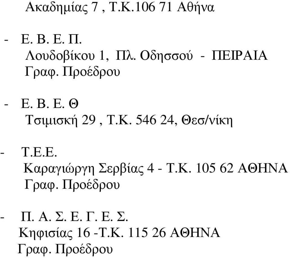 546 24, Θεσ/νίκη - Τ.Ε.Ε. Καραγιώργη Σερβίας 4 - Τ.Κ. 105 62 ΑΘΗΝΑ Γραφ.