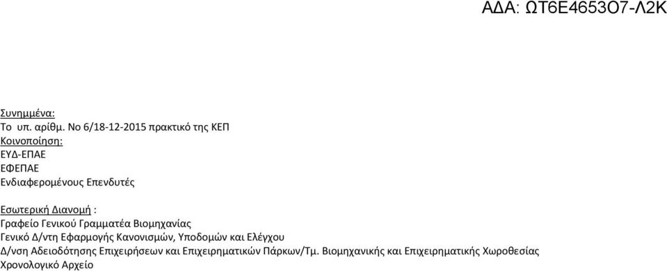 Εσωτερική Διανομή : Γραφείο Γενικού Γραμματέα Βιομηχανίας Γενικό Δ/ντη Εφαρμογής