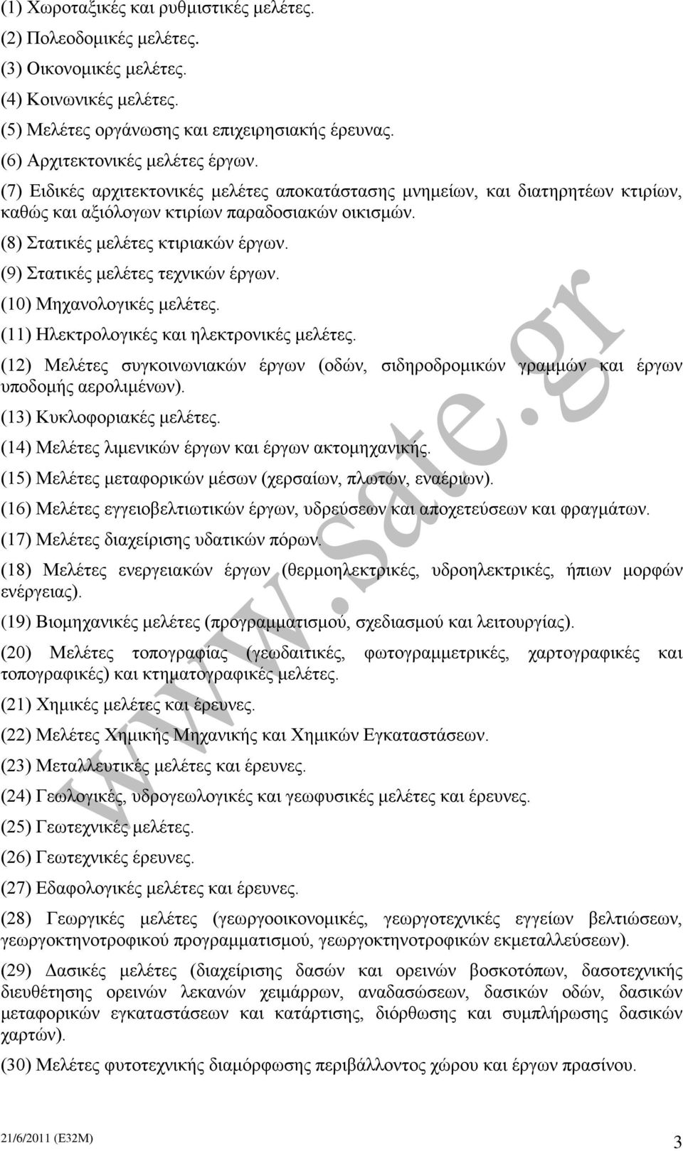 (9) Στατικές μελέτες τεχνικών έργων. (10) Μηχανολογικές μελέτες. (11) Ηλεκτρολογικές και ηλεκτρονικές μελέτες.