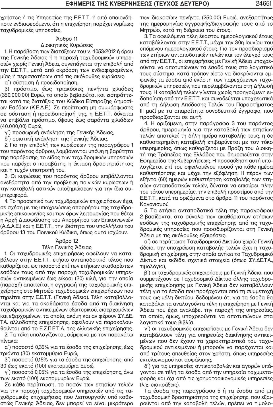 Τ., μετά από ακρόαση των ενδιαφερομένων, μίας ή περισσοτέρων από τις ακόλουθες κυρώσεις: α ) σύσταση ή προειδοποίηση, β) πρόστιμο, έως τριακόσιες πενήντα χιλιάδες (350.