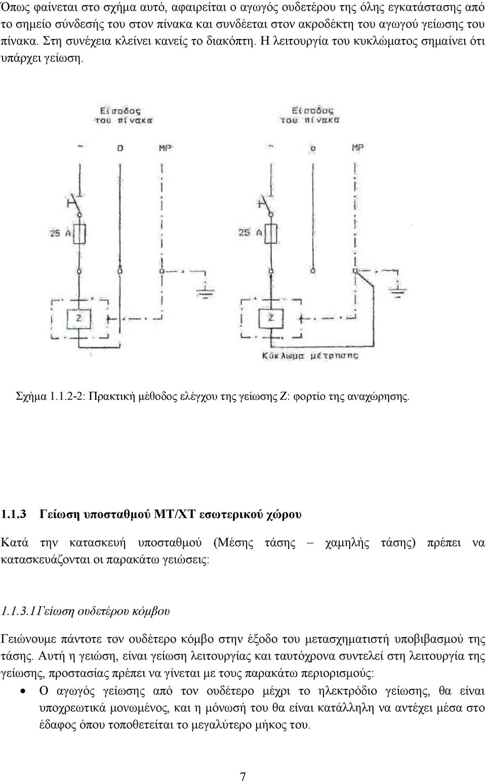 1.2-2: Πρακτική μέθοδος ελέγχου της γείωσης Ζ: φορτίο της αναχώρησης. 1.1.3 Γείωση υποσταθμού ΜΤ/ΧΤ εσωτερικού χώρου Κατά την κατασκευή υποσταθμού (Μέσης τάσης χαμηλής τάσης) πρέπει να κατασκευάζονται οι παρακάτω γειώσεις: 1.