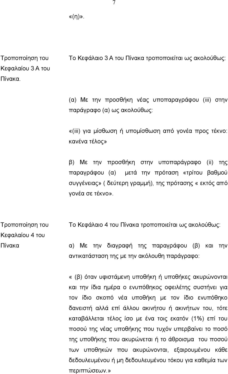 τέλος» β) Με την προσθήκη στην υποπαράγραφο (ii) της παραγράφου (α) μετά την πρόταση «τρίτου βαθμού συγγένειας» ( δεύτερη γραμμή), της πρότασης «εκτός από γονέα σε τέκνο».