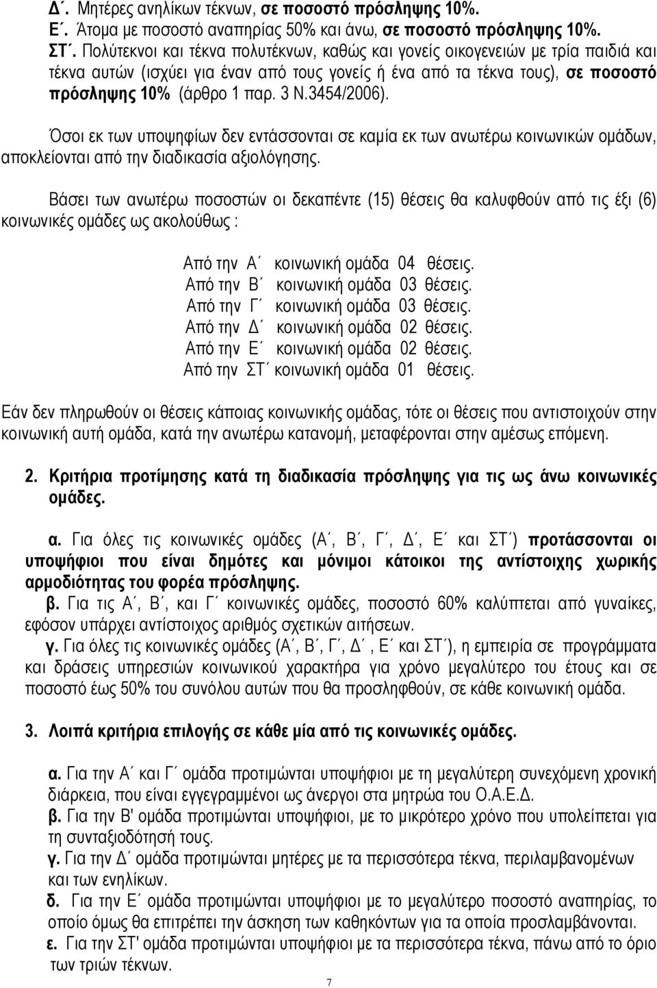 3454/2006). Όσοι εκ των υποψηφίων δεν εντάσσονται σε καμία εκ των ανωτέρω κοινωνικών ομάδων, αποκλείονται από την διαδικασία αξιολόγησης.