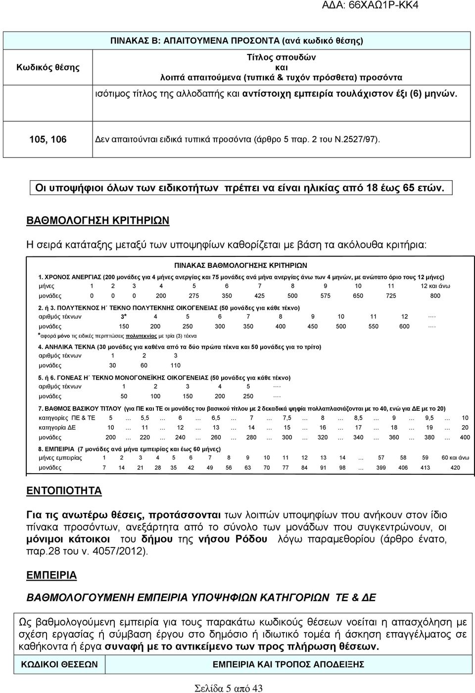 ΒΑΘΜΟΛΟΓΗΣΗ ΚΡΙΤΗΡΙΩΝ Η σειρά κατάταξης μεταξύ των υποψηφίων καθορίζεται με βάση τα ακόλουθα κριτήρια: ΠΙΝΑΚΑΣ ΒΑΘΜΟΛΟΓΗΣΗΣ ΚΡΙΤΗΡΙΩΝ 1.