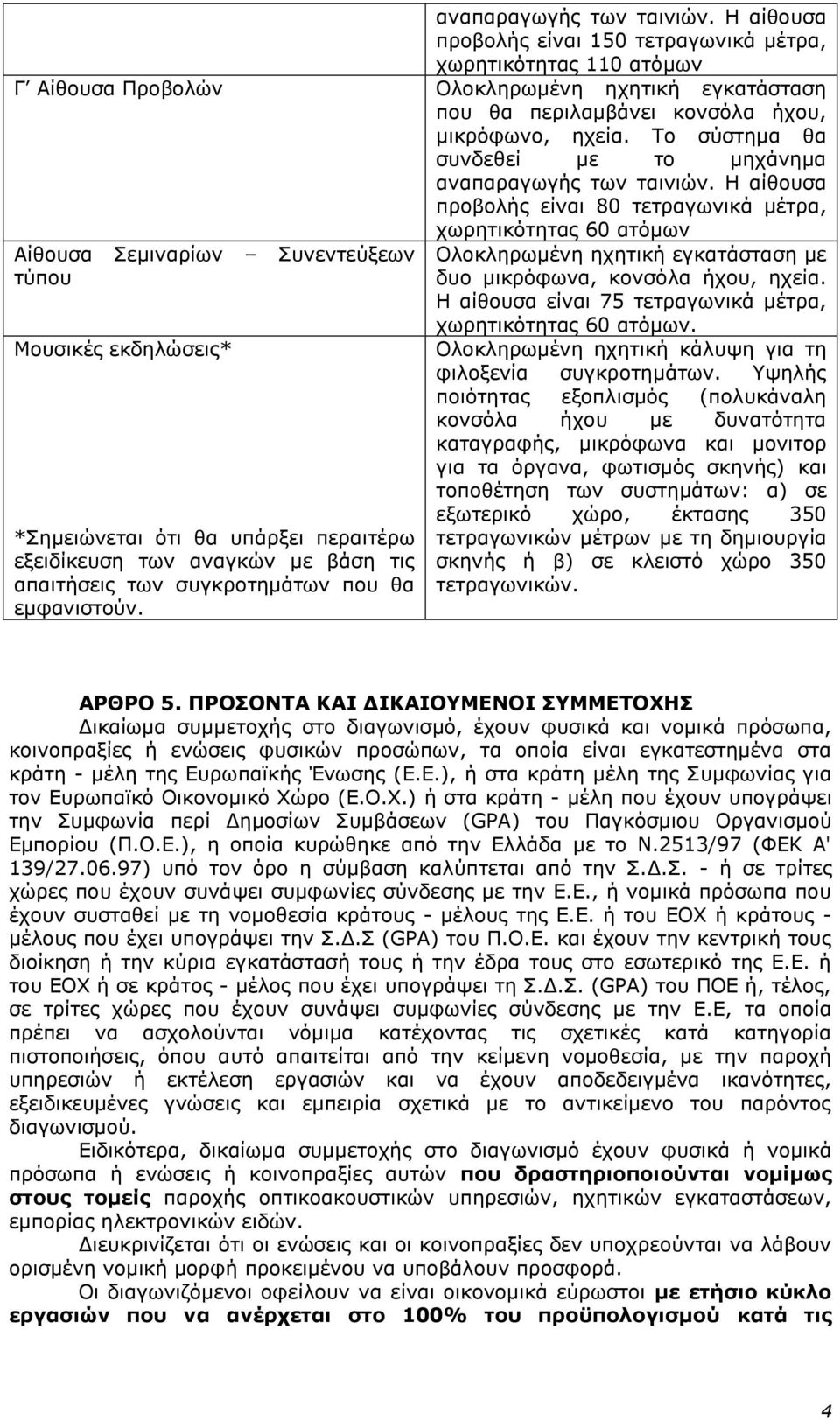 Το σύστημα θα συνδεθεί με το μηχάνημα  Η αίθουσα προβολής είναι 80 τετραγωνικά μέτρα, χωρητικότητας 60 ατόμων Αίθουσα Σεμιναρίων Συνεντεύξεων τύπου Μουσικές εκδηλώσεις* *Σημειώνεται ότι θα υπάρξει