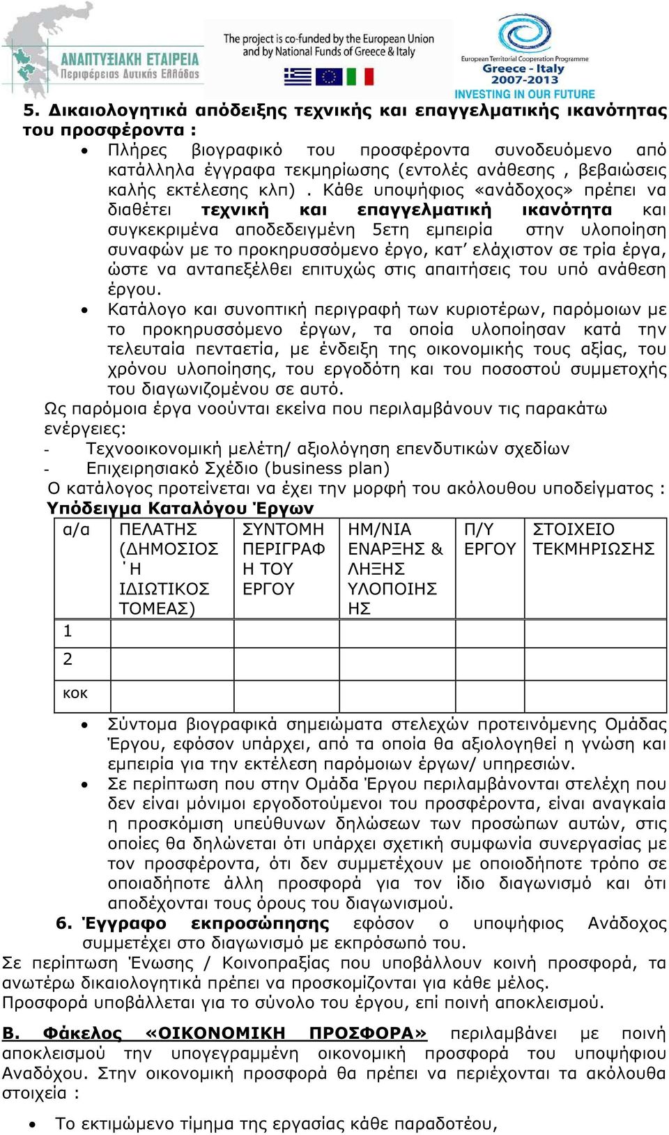 Κάθε υποψήφιος «ανάδοχος» πρέπει να διαθέτει τεχνική και επαγγελµατική ικανότητα και συγκεκριµένα αποδεδειγµένη 5ετη εµπειρία στην υλοποίηση συναφών µε το προκηρυσσόµενο έργο, κατ ελάχιστον σε τρία