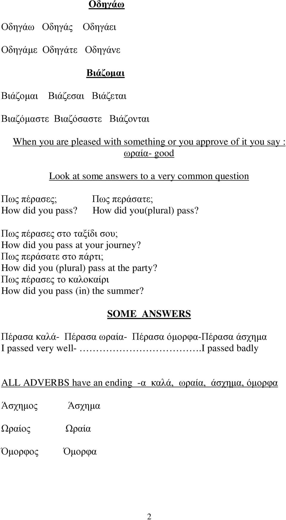 Πως πέρασες στο ταξίδι σου; How did you pass at your journey? Πως περάσατε στο πάρτι; How did you (plural) pass at the party?