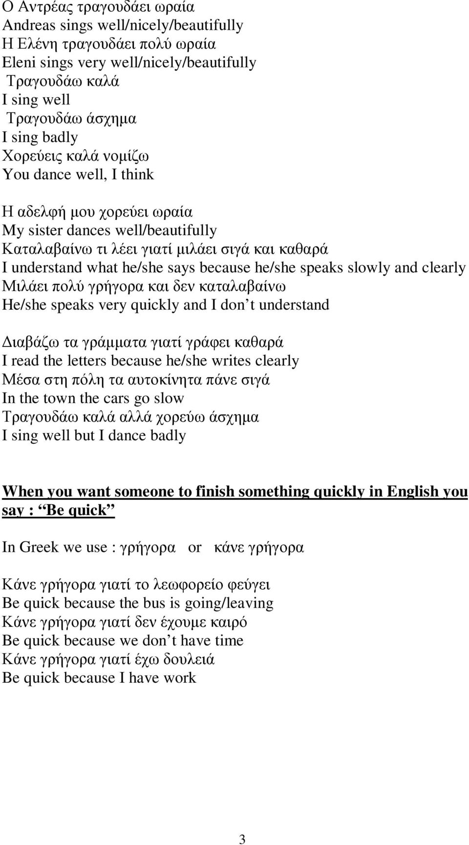 speaks slowly and clearly Μιλάει πολύ γρήγορα και δεν καταλαβαίνω He/she speaks very quickly and I don t understand Διαβάζω τα γράμματα γιατί γράφει καθαρά I read the letters because he/she writes