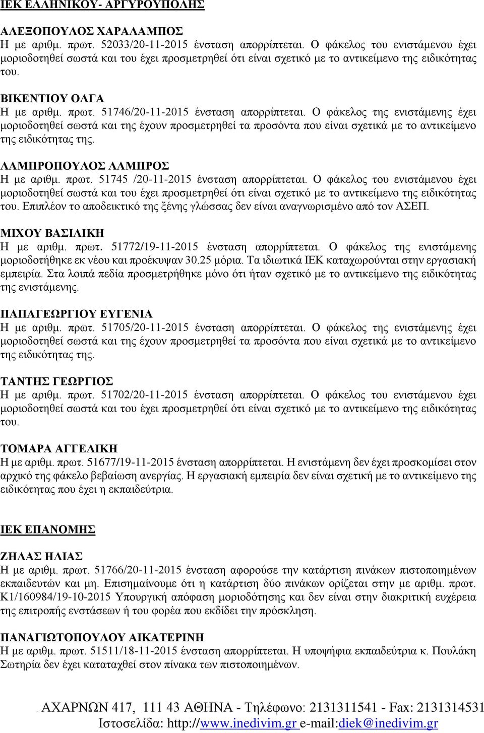 51746/20-11-2015 ένσταση απορρίπτεται. Ο φάκελος της ενιστάμενης έχει μοριοδοτηθεί σωστά και της έχουν προσμετρηθεί τα προσόντα που είναι σχετικά με το αντικείμενο της ειδικότητας της.
