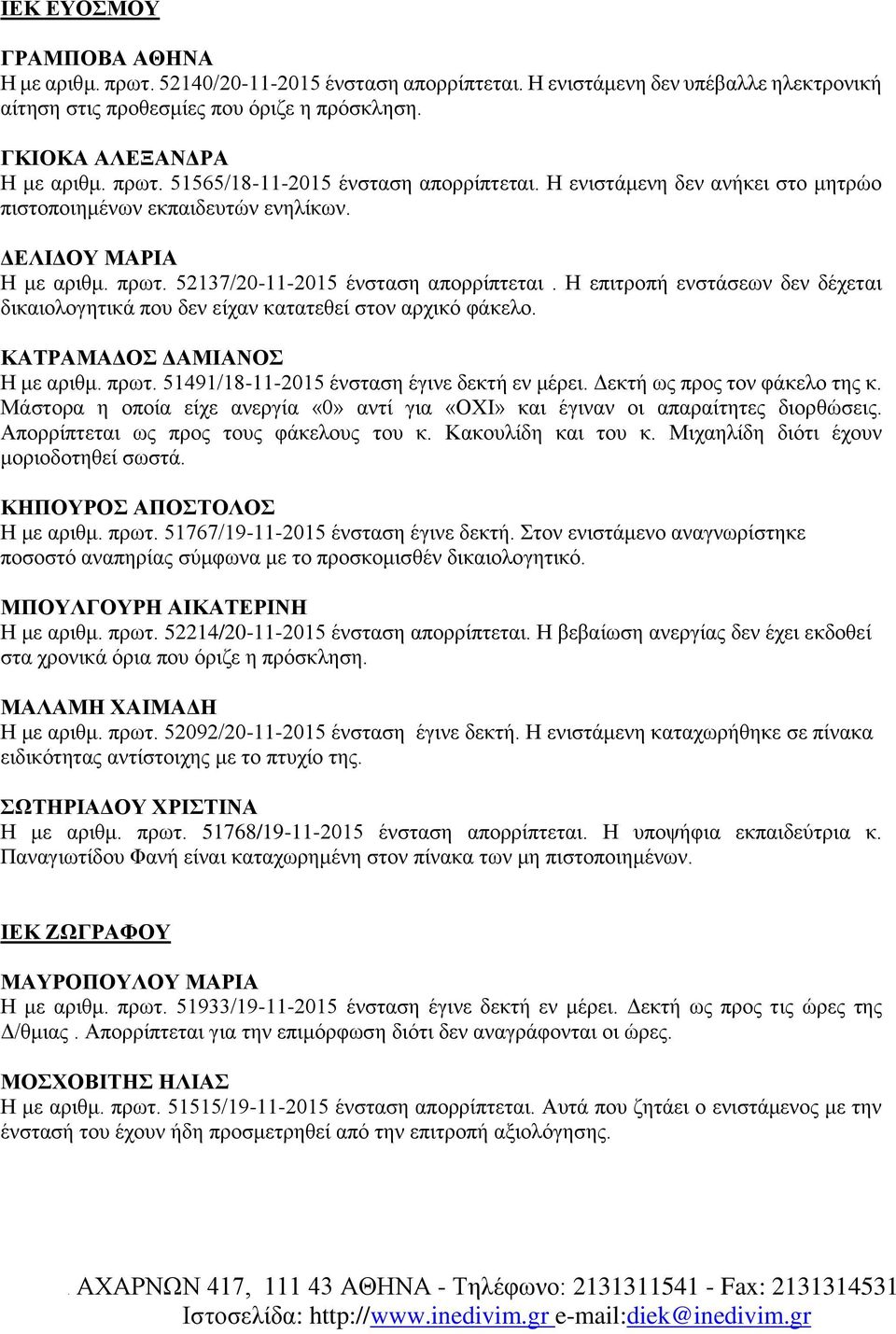 Η επιτροπή ενστάσεων δεν δέχεται δικαιολογητικά που δεν είχαν κατατεθεί στον αρχικό φάκελο. ΚΑΤΡΑΜΑΔΟΣ ΔΑΜΙΑΝΟΣ Η με αριθμ. πρωτ. 51491/18-11-2015 ένσταση έγινε δεκτή εν μέρει.