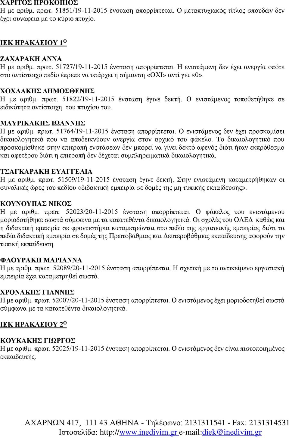 Ο ενιστάμενος τοποθετήθηκε σε ειδικότητα αντίστοιχη του πτυχίου του. ΜΑΥΡΙΚΑΚΗΣ ΙΩΑΝΝΗΣ Η με αριθμ. πρωτ. 51764/19-11-2015 ένσταση απορρίπτεται.