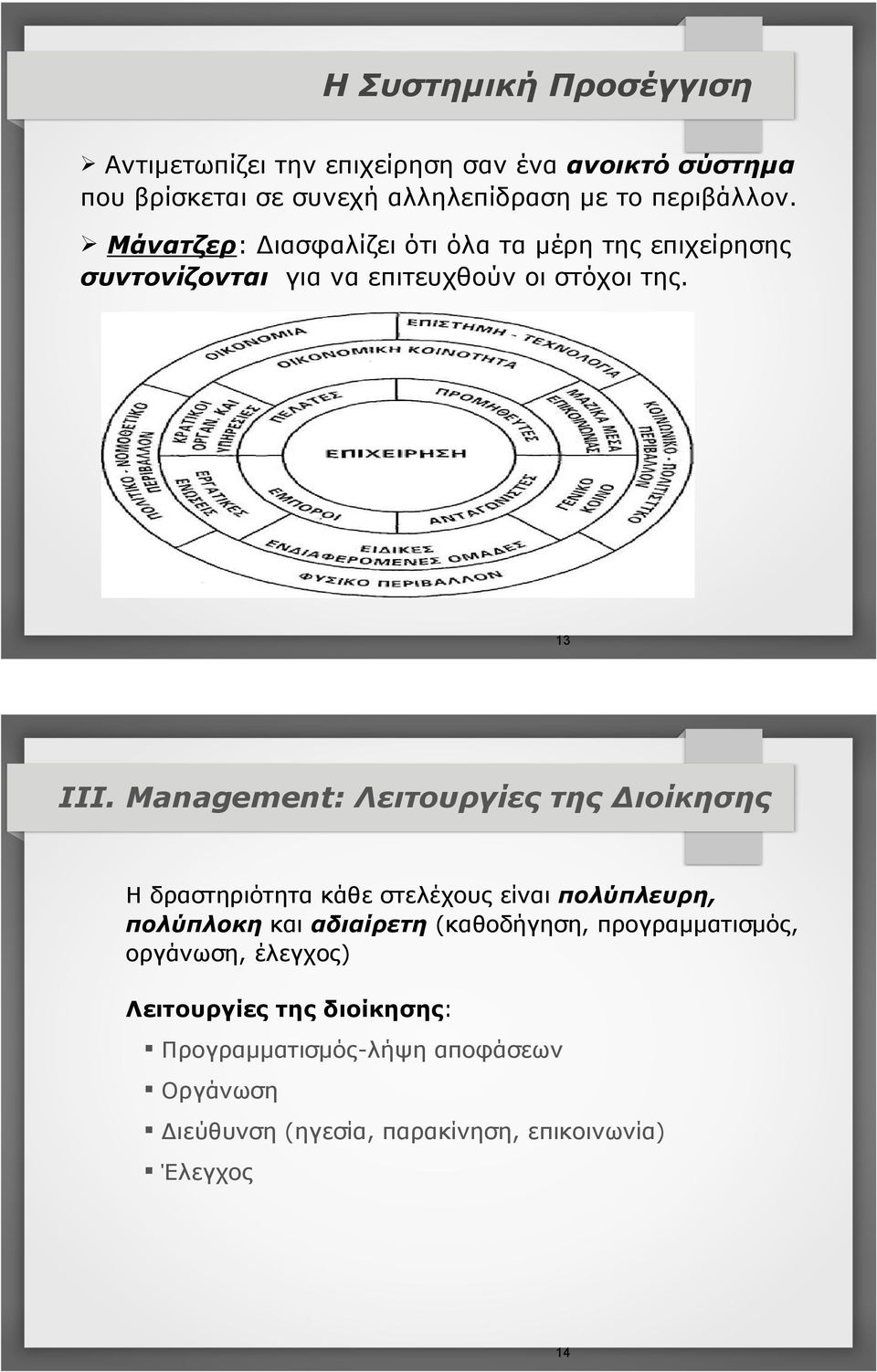Management: Λειτουργίες της Διοίκησης Η δραστηριότητα κάθε στελέχους είναι πολύπλευρη, πολύπλοκη και αδιαίρετη (καθοδήγηση,